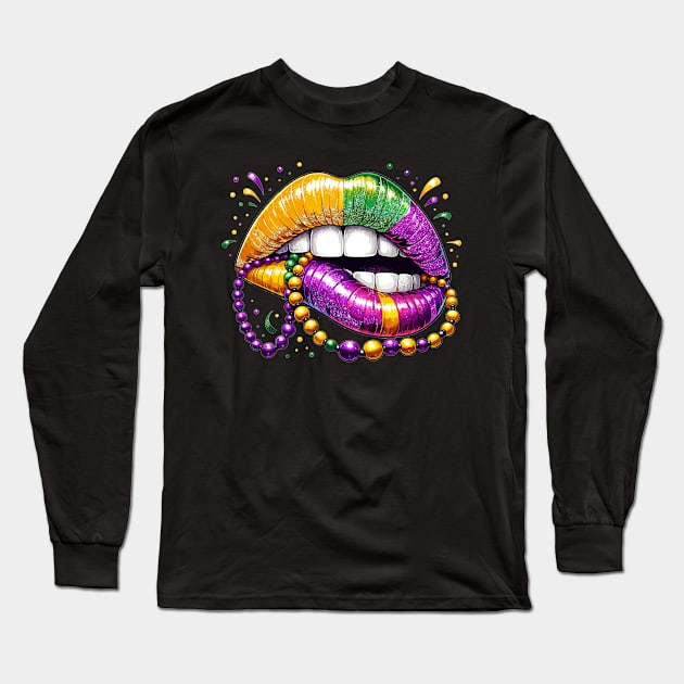 Mardi Gras Lips, Carnival Mardi Gras Outfit ,Fat Tuesday ,Flower de Luce,Mardi Gras Day, Mardi Gras Gift For Women Long Sleeve T-Shirt by AlmaDesigns